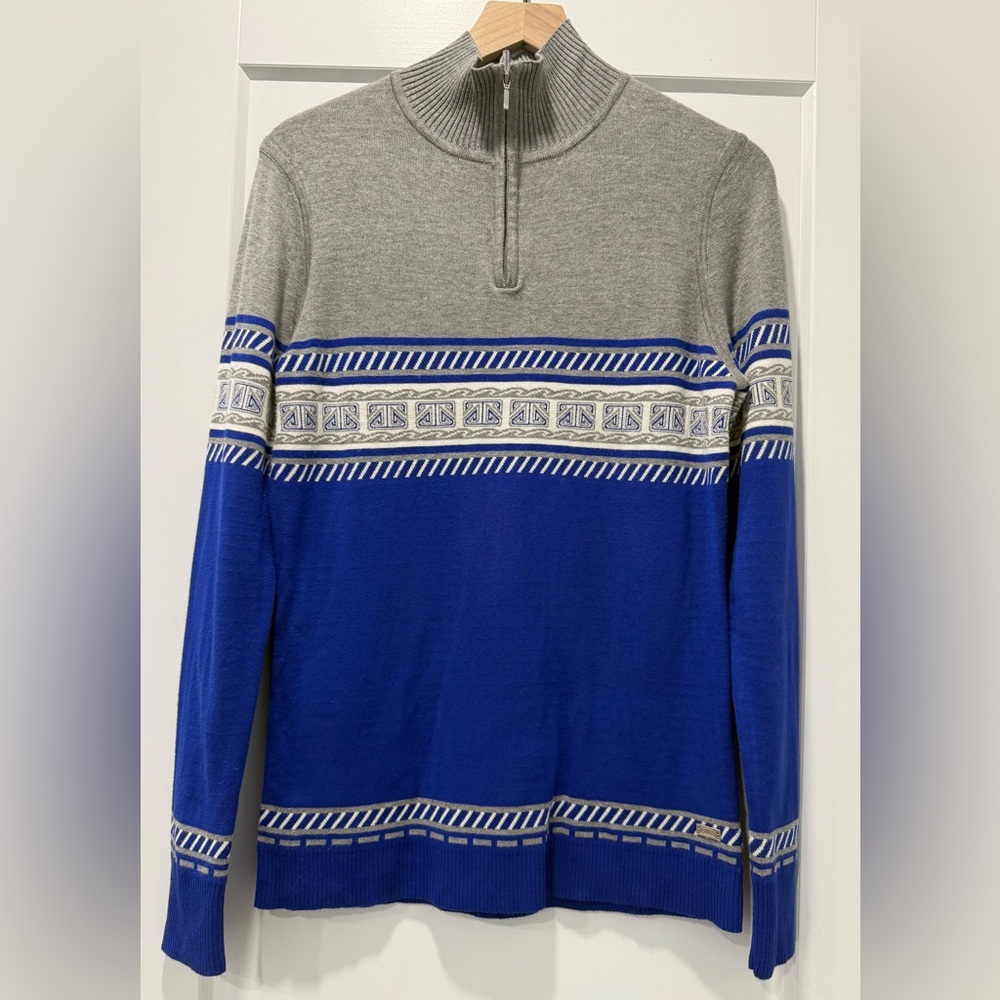 NILS Men’s Blue Gray Quarter Zip Knit Sweater Nordic Pattern Size L